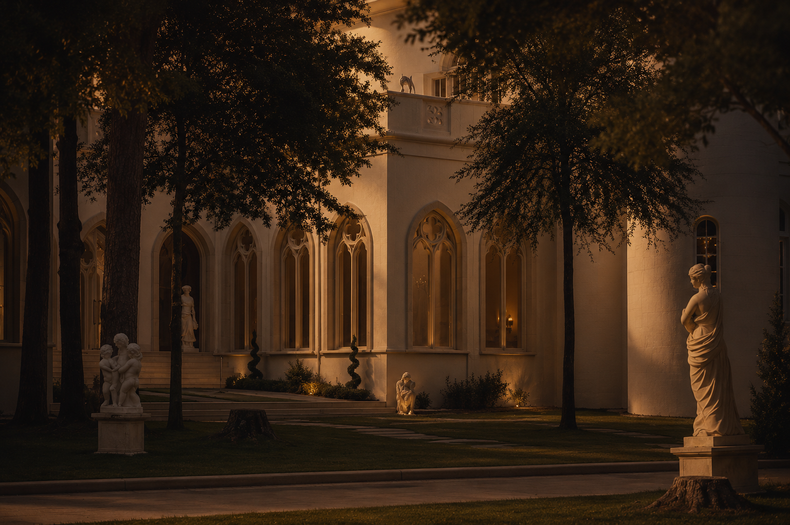 Statuary and lit gothic windows in the Chateau Nouvelle gardens at dusk