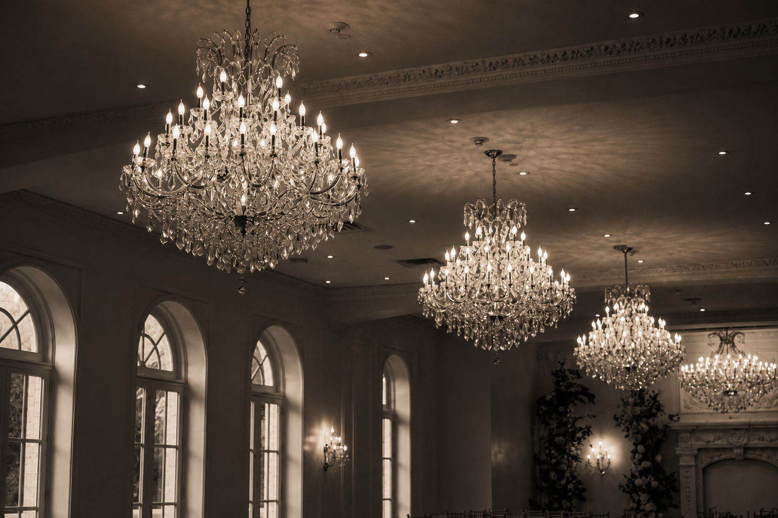 Crystal chandeliers glowing above the arched windows of the Chateau Nouvelle ballroom