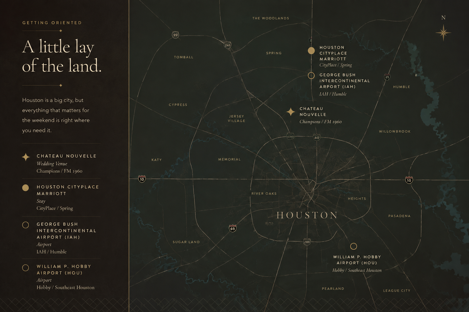 Orientation map of Houston showing Chateau Nouvelle, the Houston CityPlace Marriott, and both airports (IAH and HOU)