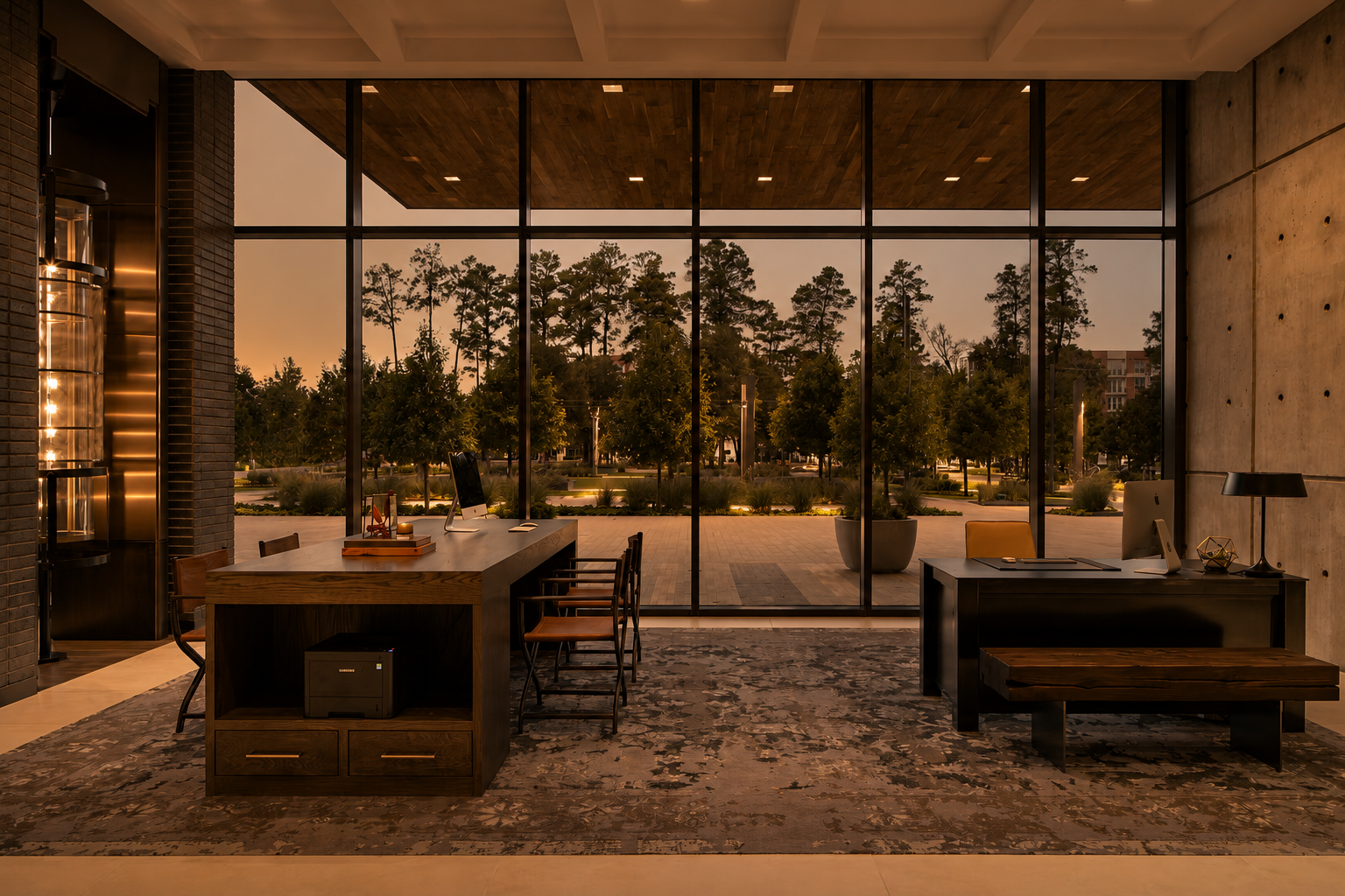 The hotel's business center and lounge overlooking the plaza at twilight