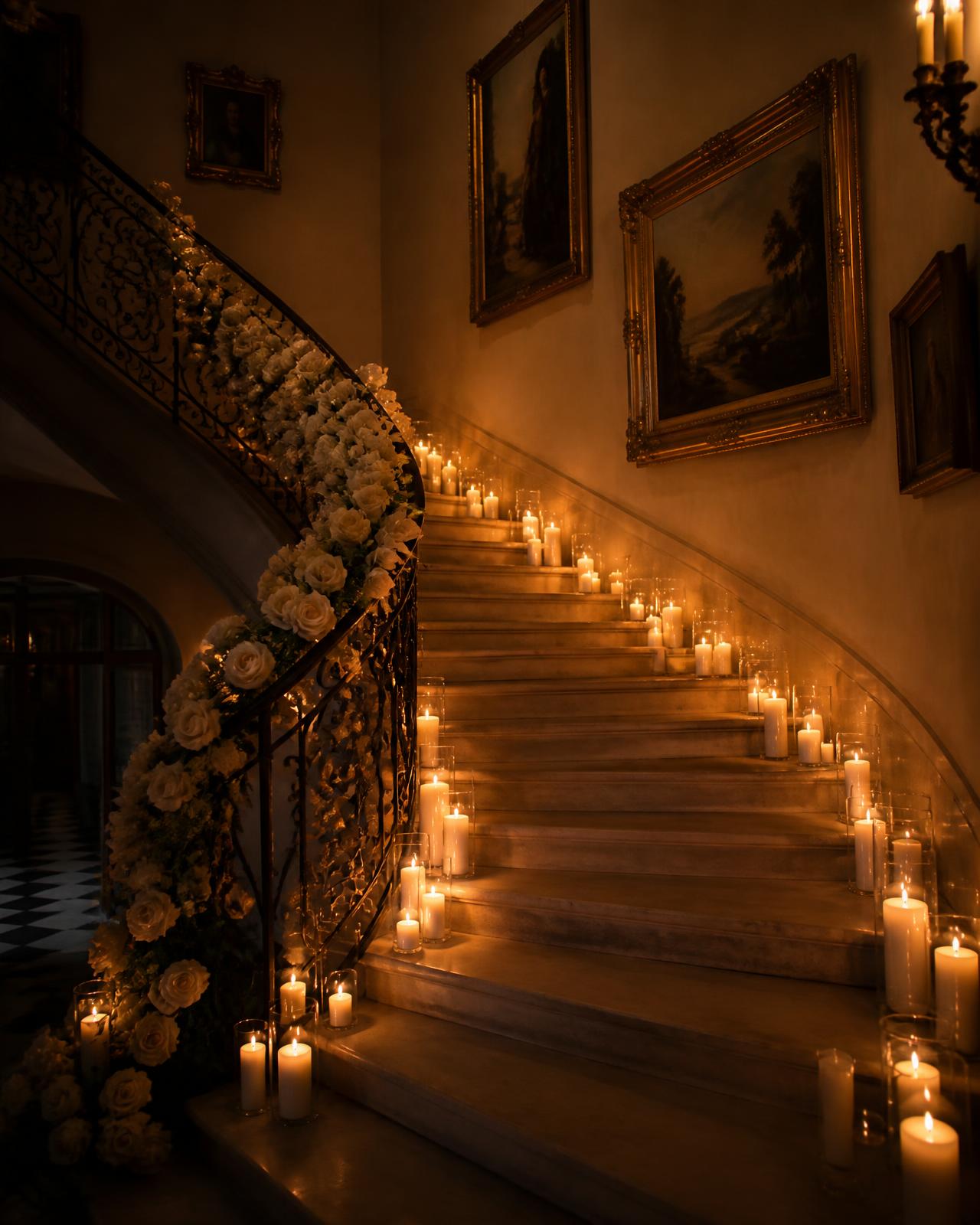 A candlelit staircase at Chateau Nouvelle adorned with cream roses and foliage