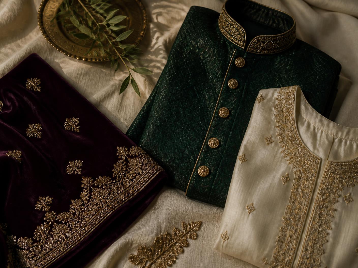 Plum velvet, deep green sherwani and ivory silk with gold zardozi embroidery laid on cream linen