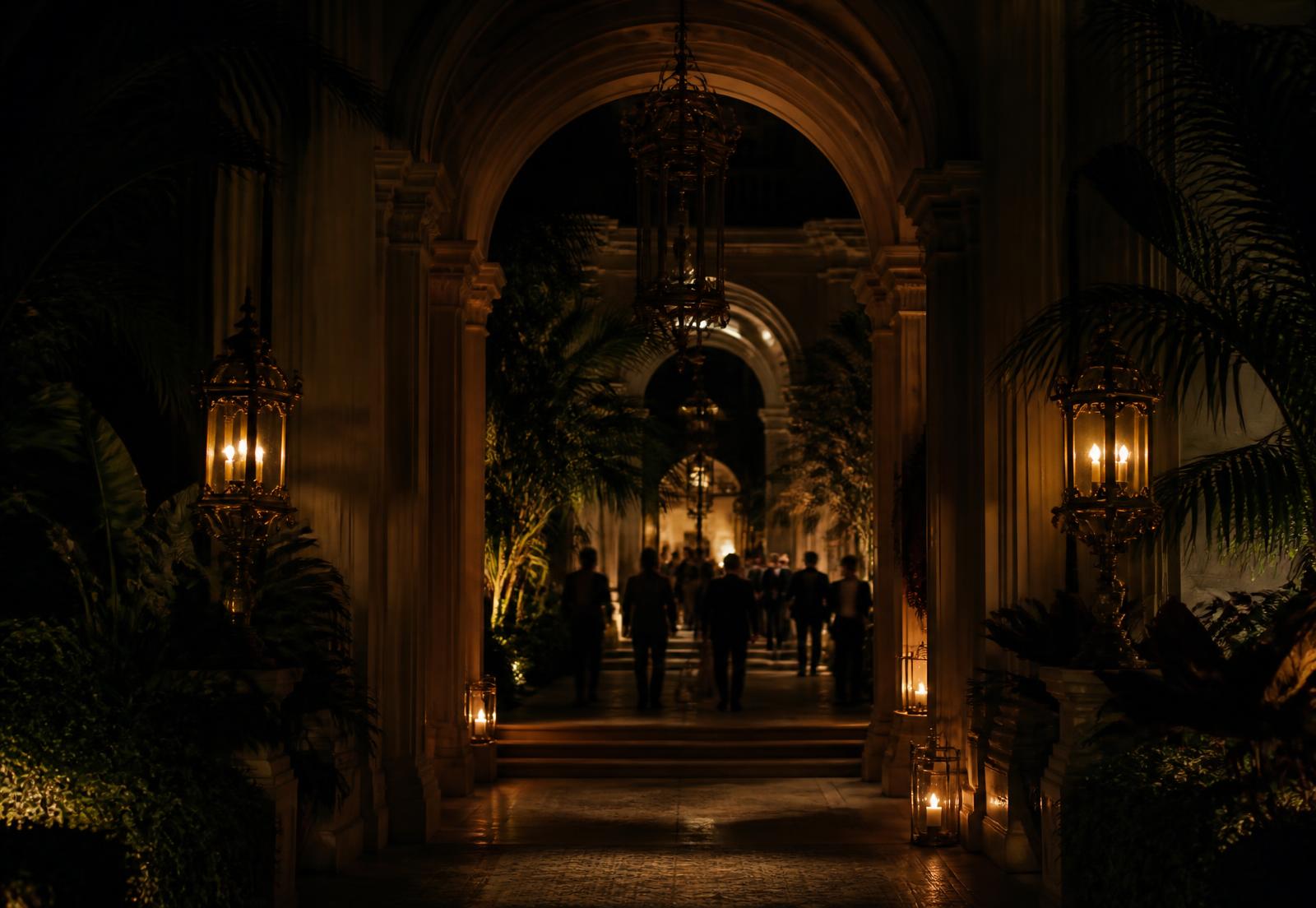 Guests walking beneath a lantern-lit arched colonnade at night