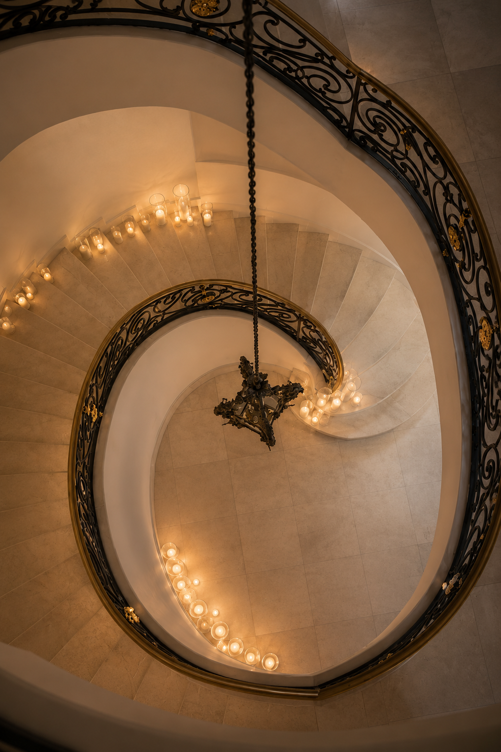 The spiral staircase at Chateau Nouvelle lined with candles