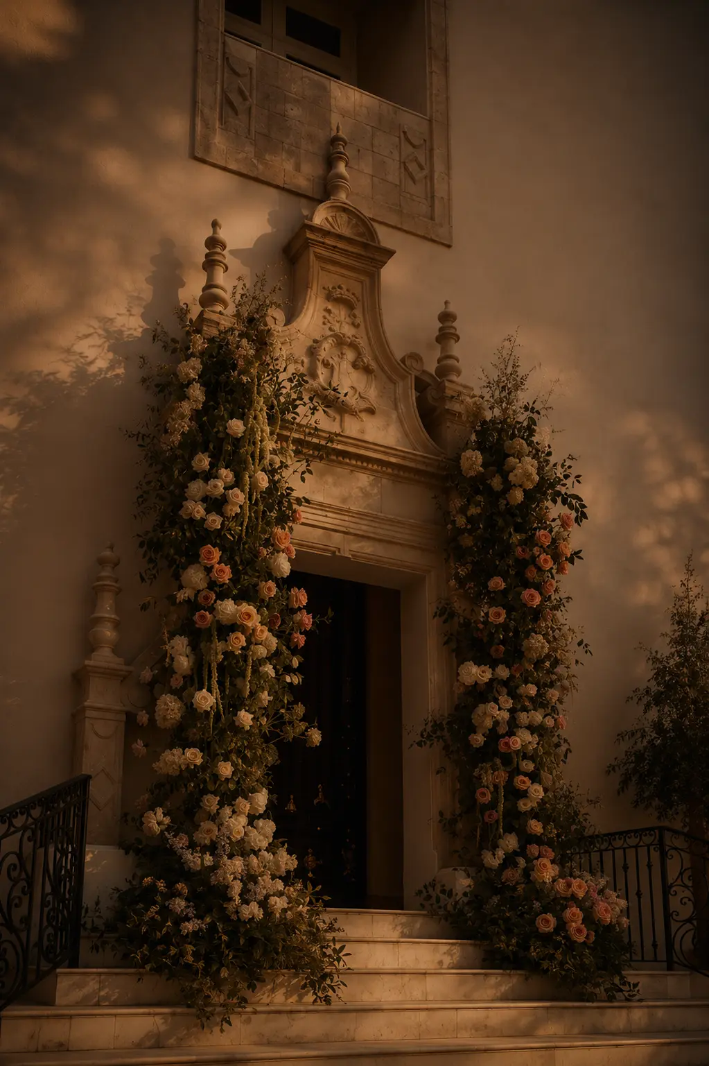 White and blush florals framing a stone doorway at Chateau Nouvelle