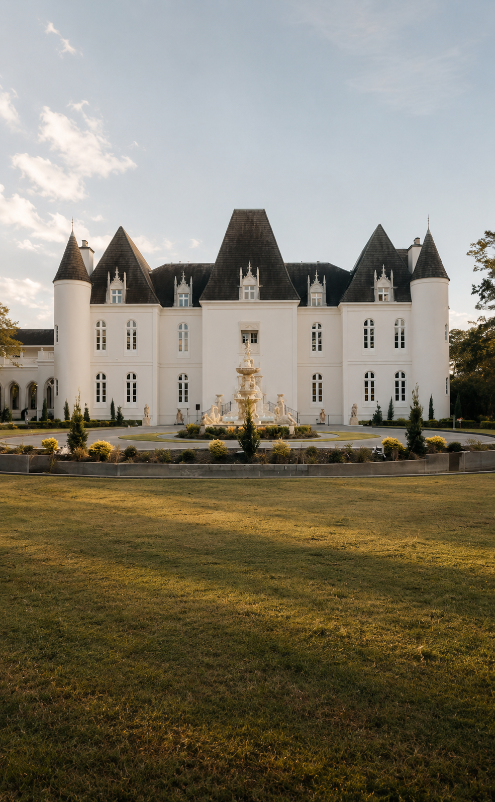 The white façade and fountain of Chateau Nouvelle above the garden lawn in afternoon light