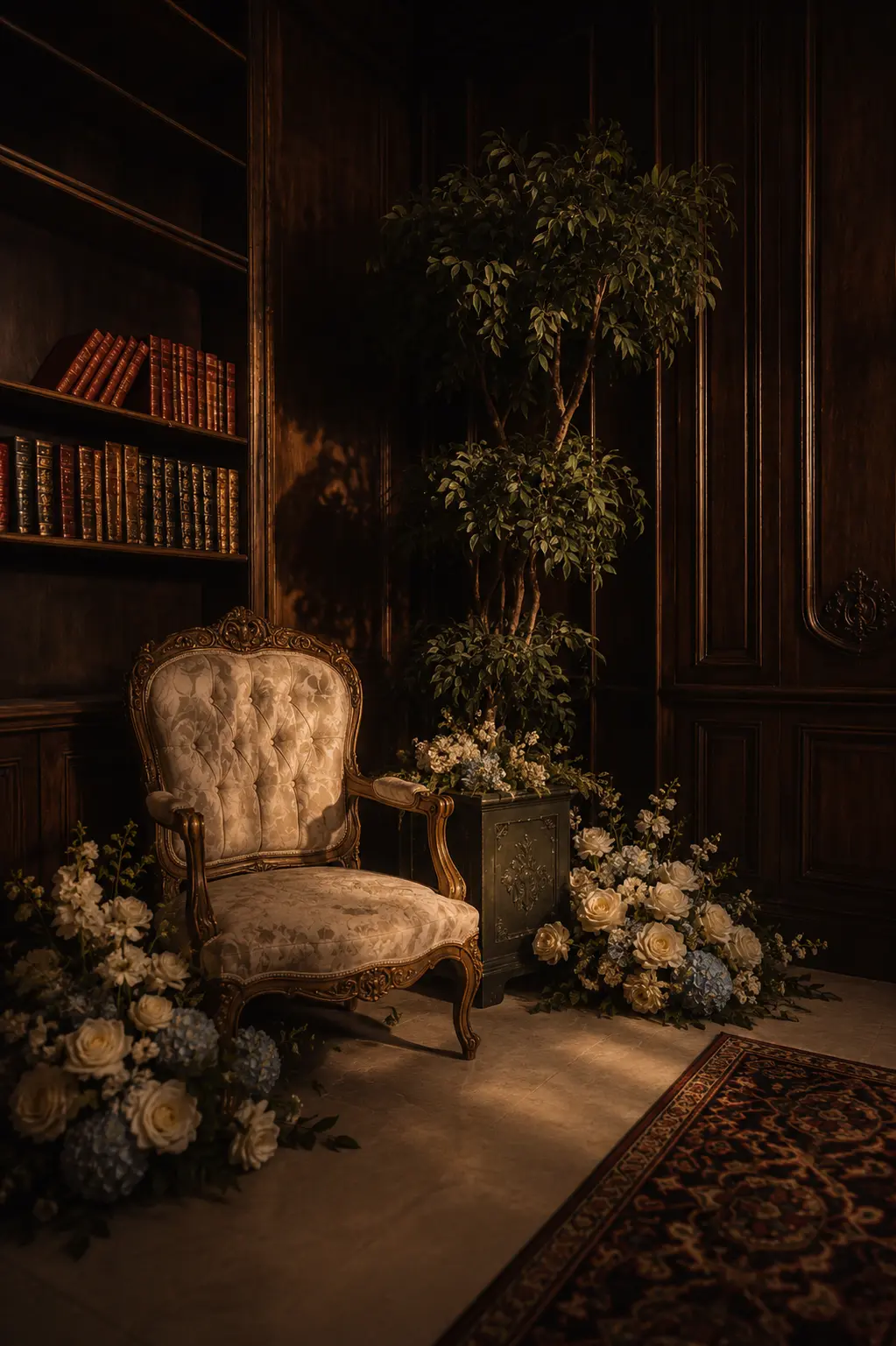 A candlelit panelled room at Chateau Nouvelle with an antique chair and cream florals