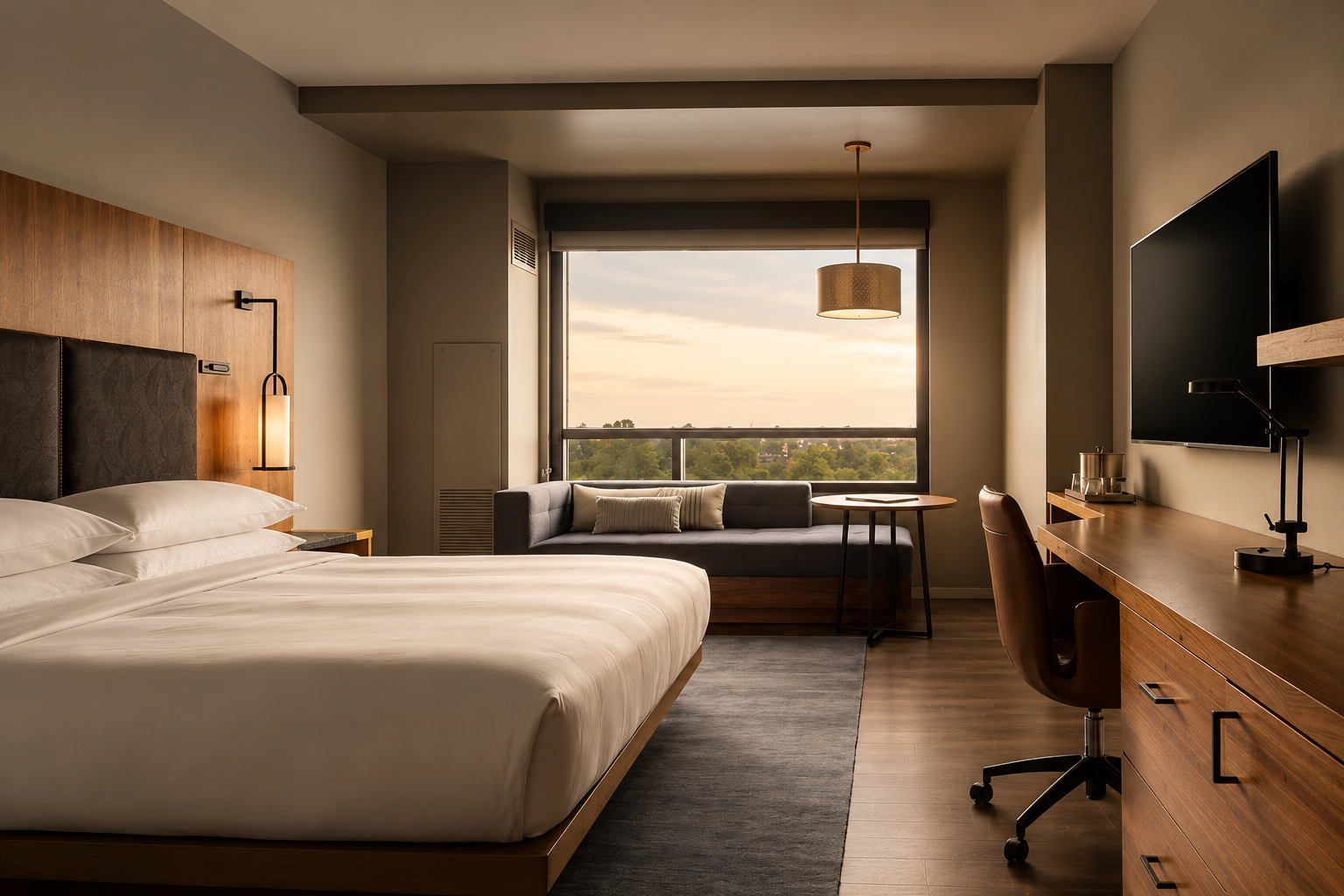 A king guest room at the Houston CityPlace Marriott in warm evening light